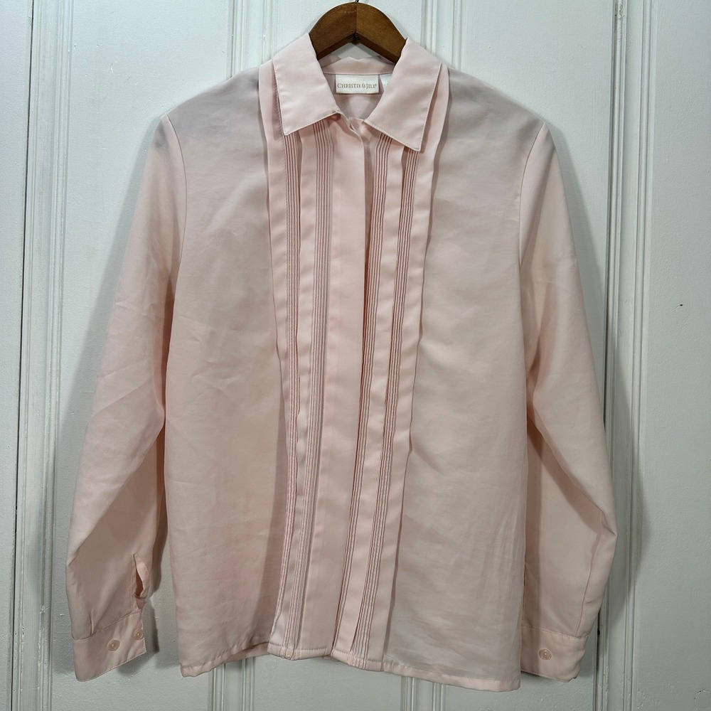 Vintage Christie & Jill Pink Pintuck Blouse Size 8 Long Sleeve Secretary Shirt